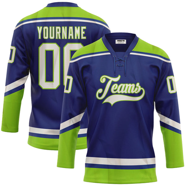 Custom Royal White-Neon Green Neck Hockey Jersey For Men & Women