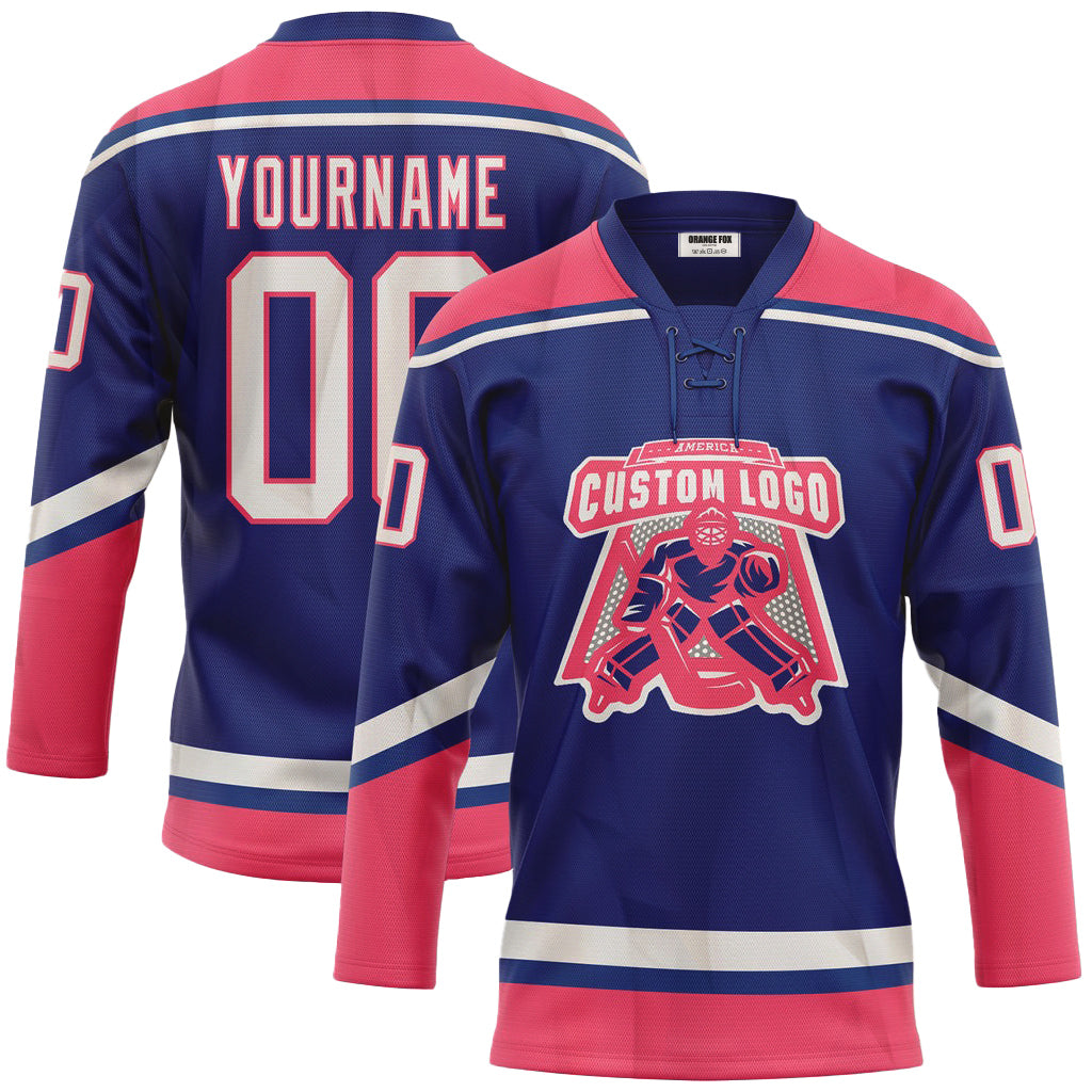 Custom Royal White-Neon Pink Neck Hockey Jersey For Men & Women