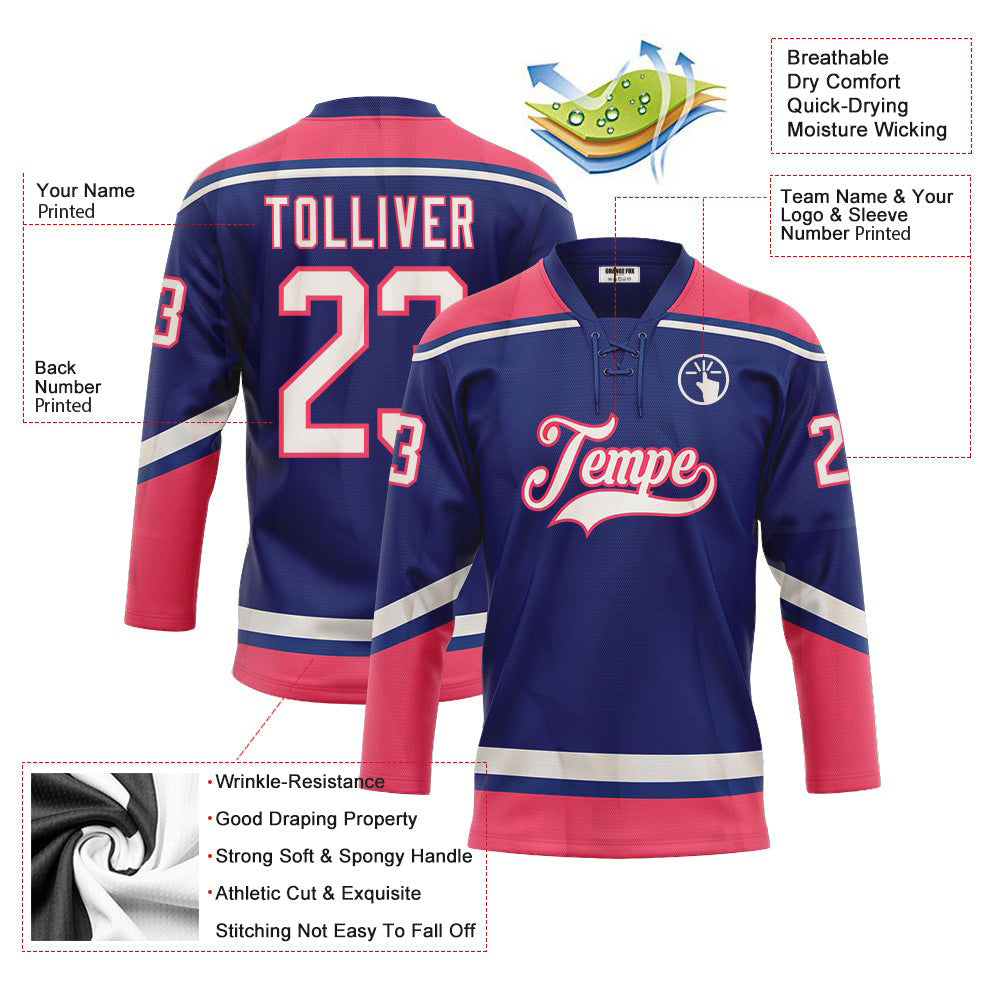 Custom Royal White-Neon Pink Neck Hockey Jersey For Men & Women