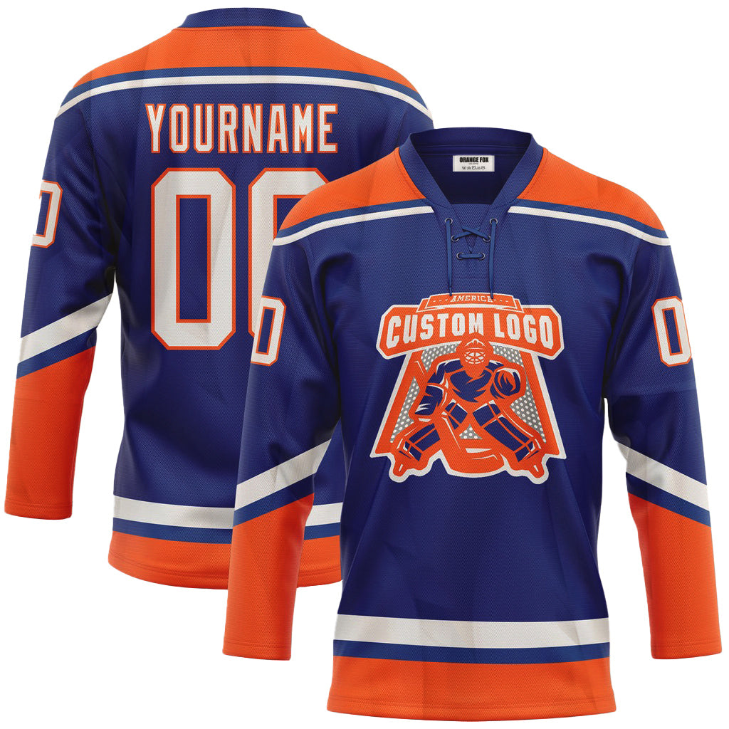 Custom Royal White-Orange Neck Hockey Jersey For Men & Women