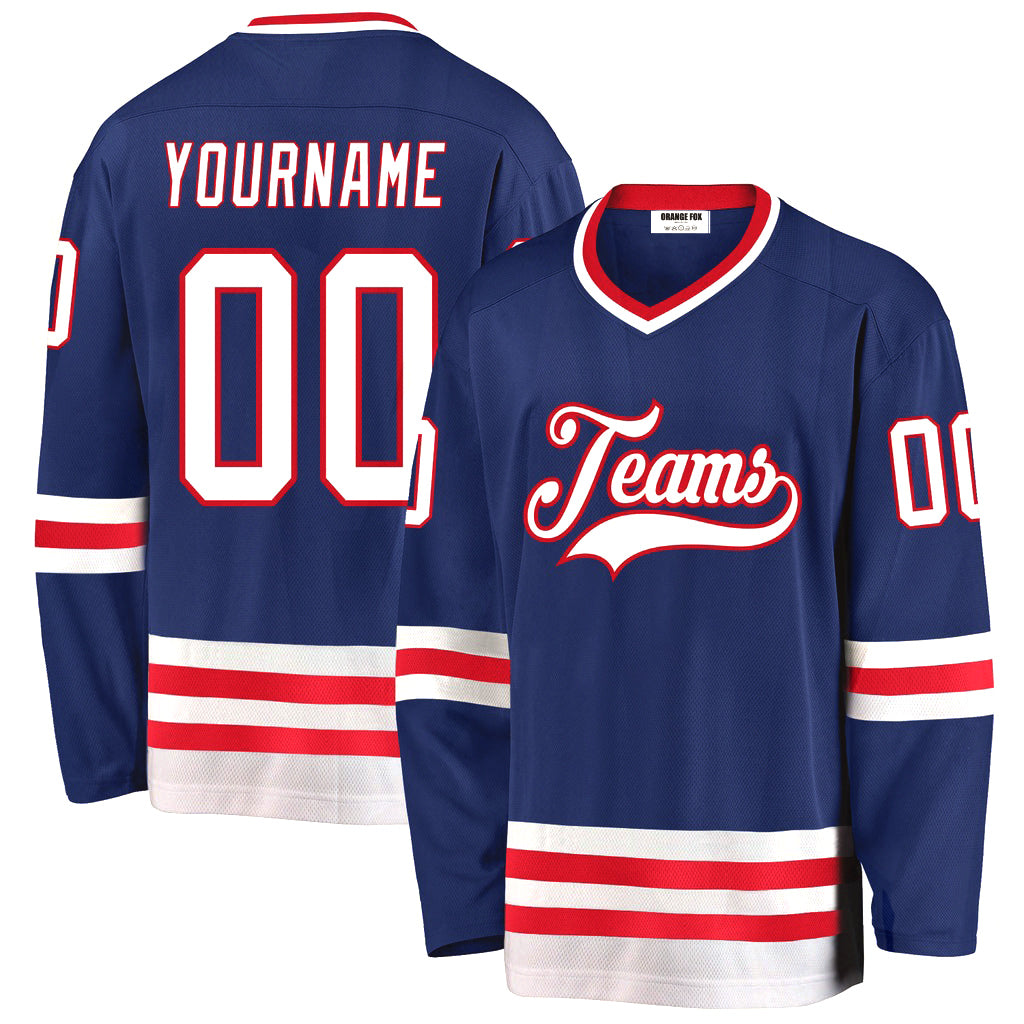 Custom Royal White-Red V Neck Hockey Jersey For Men & Women