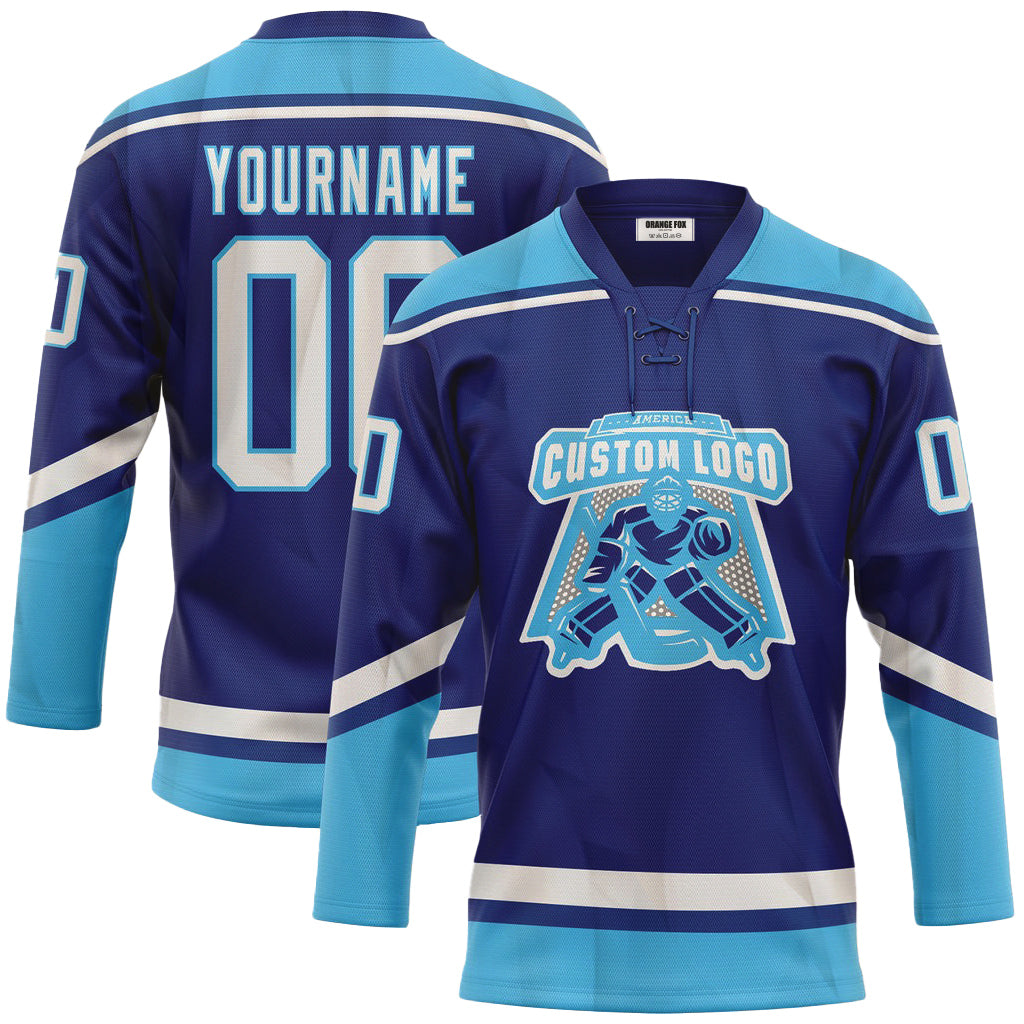 Custom Royal White-Sky Blue Neck Hockey Jersey For Men & Women