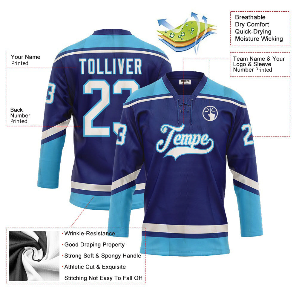 Custom Royal White-Sky Blue Neck Hockey Jersey For Men & Women