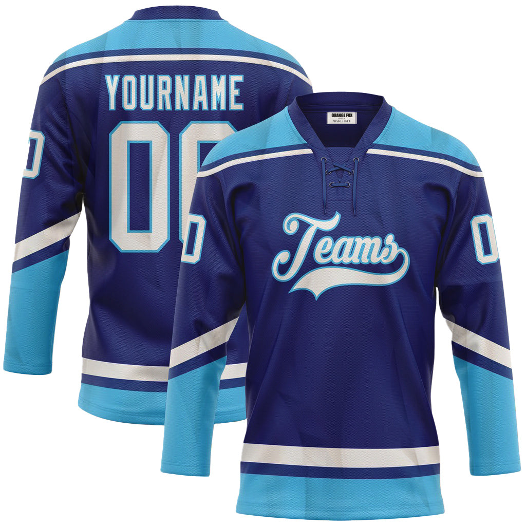 Custom Royal White-Sky Blue Neck Hockey Jersey For Men & Women