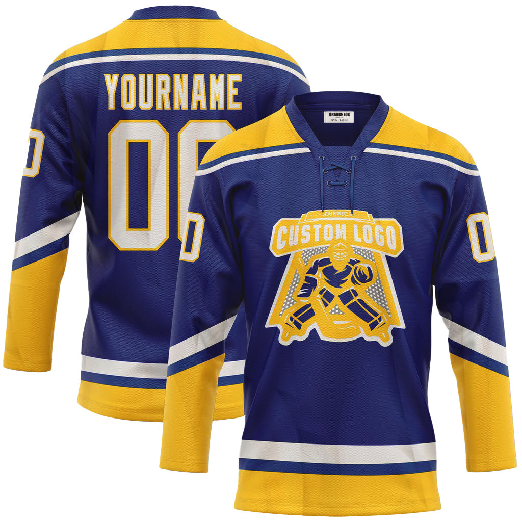 Custom Royal White-Yellow Neck Hockey Jersey For Men & Women