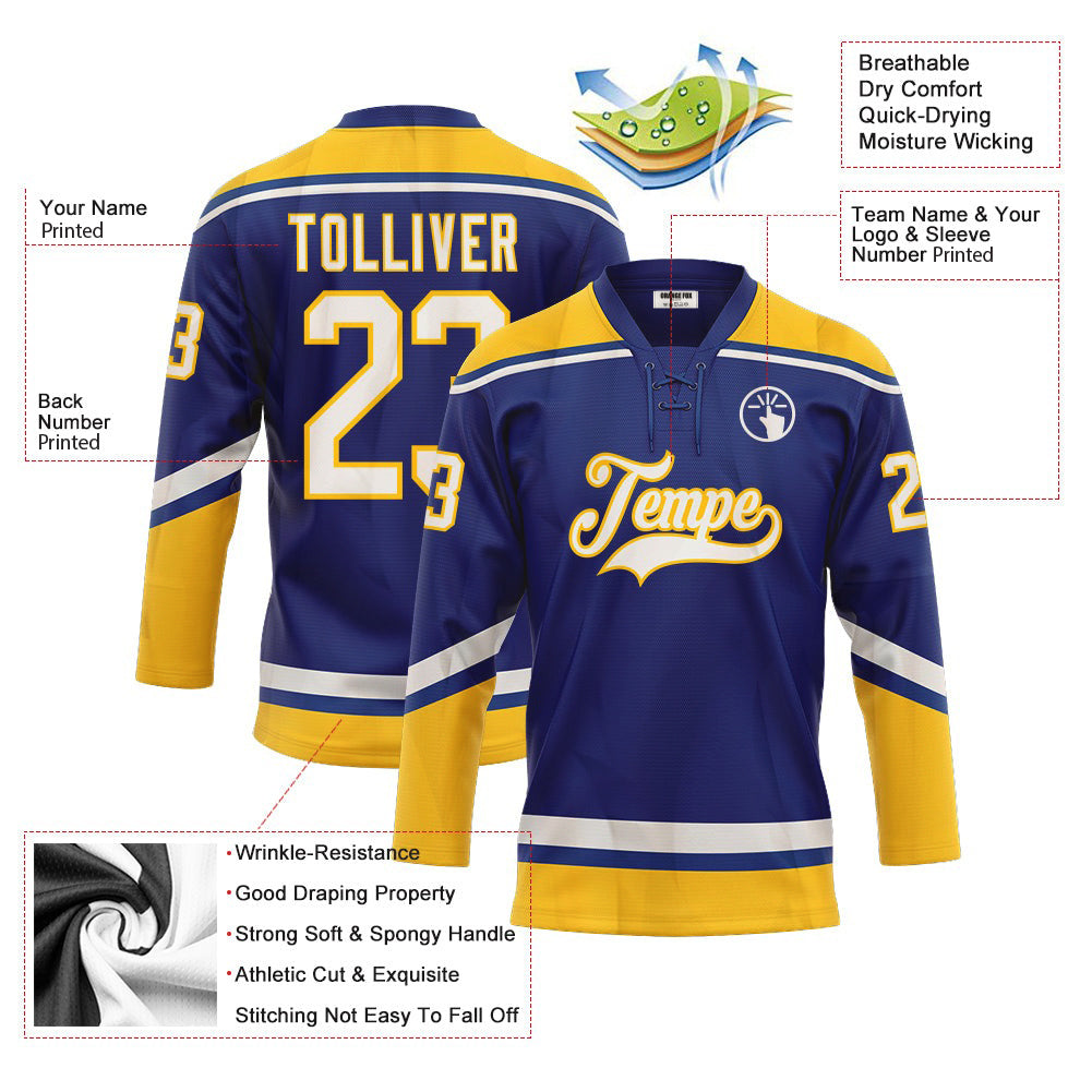 Custom Royal White-Yellow Neck Hockey Jersey For Men & Women