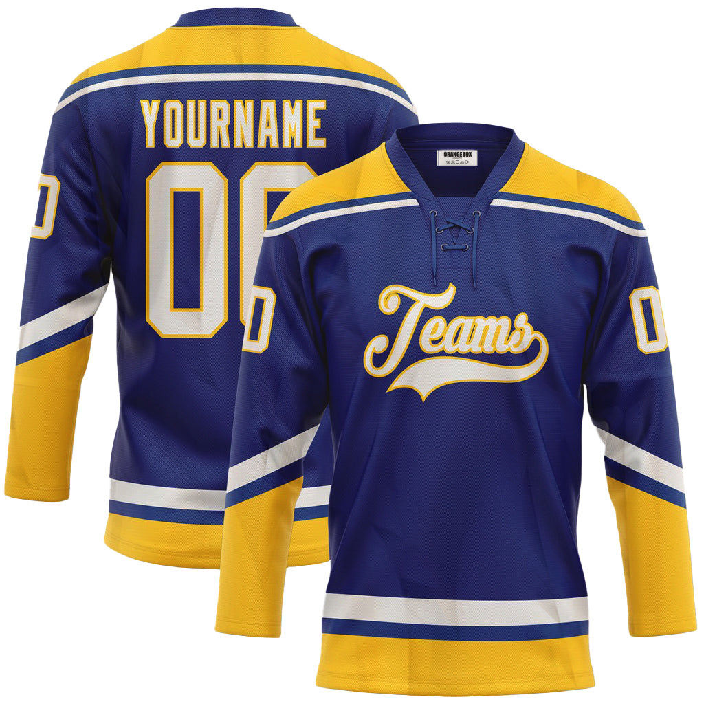 Custom Royal White-Yellow Neck Hockey Jersey For Men & Women