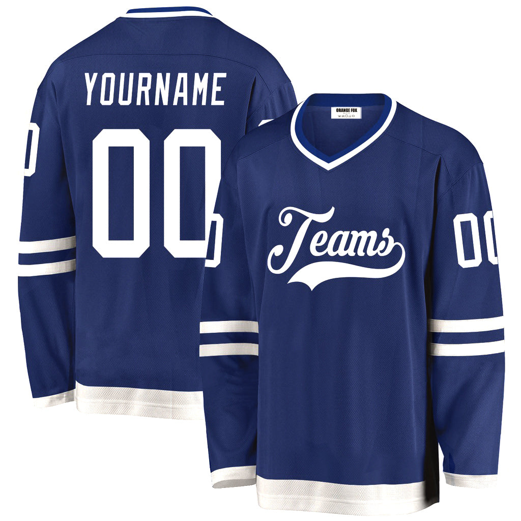 Custom Royal White V Neck Hockey Jersey For Men & Women