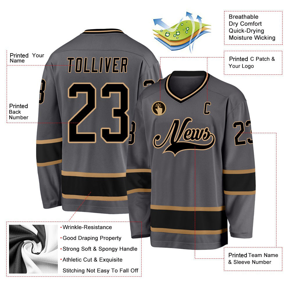 Custom Steel Gray Black-Old Gold V Neck Hockey Jersey For Men & Women