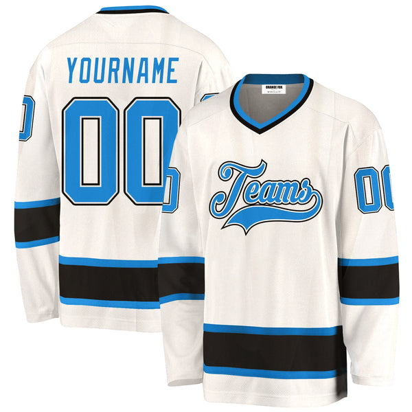 Custom White Blue Black V Neck Hockey Jersey For Men & Women