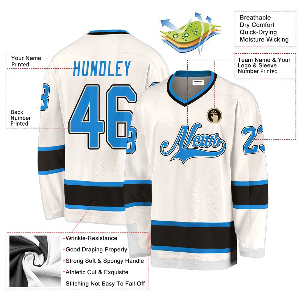 Custom White Blue Black V Neck Hockey Jersey For Men & Women