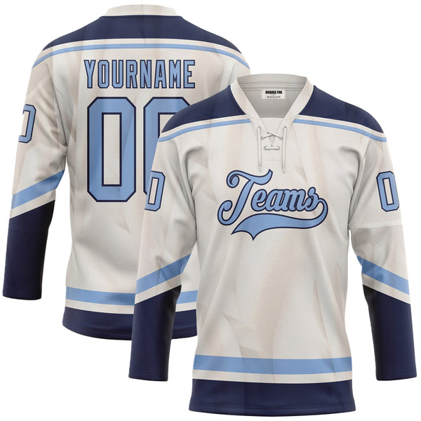 Custom White Blue Navy Neck Hockey Jersey For Men & Women