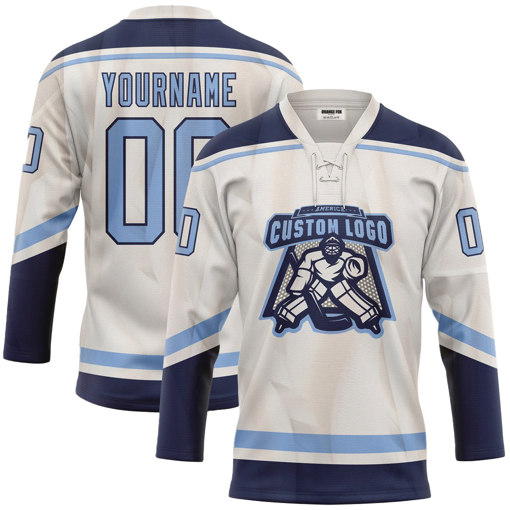 Custom White Blue Navy Neck Hockey Jersey For Men & Women