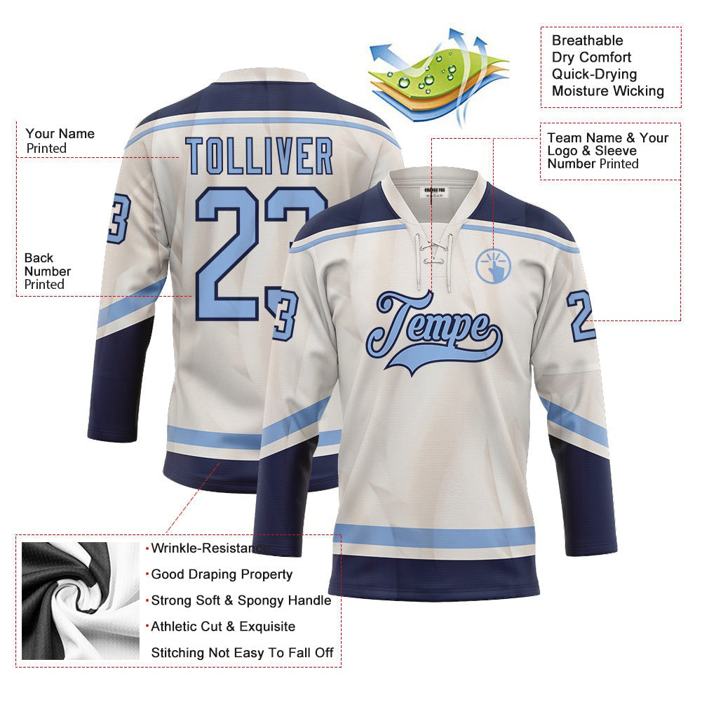 Custom White Blue Navy Neck Hockey Jersey For Men & Women