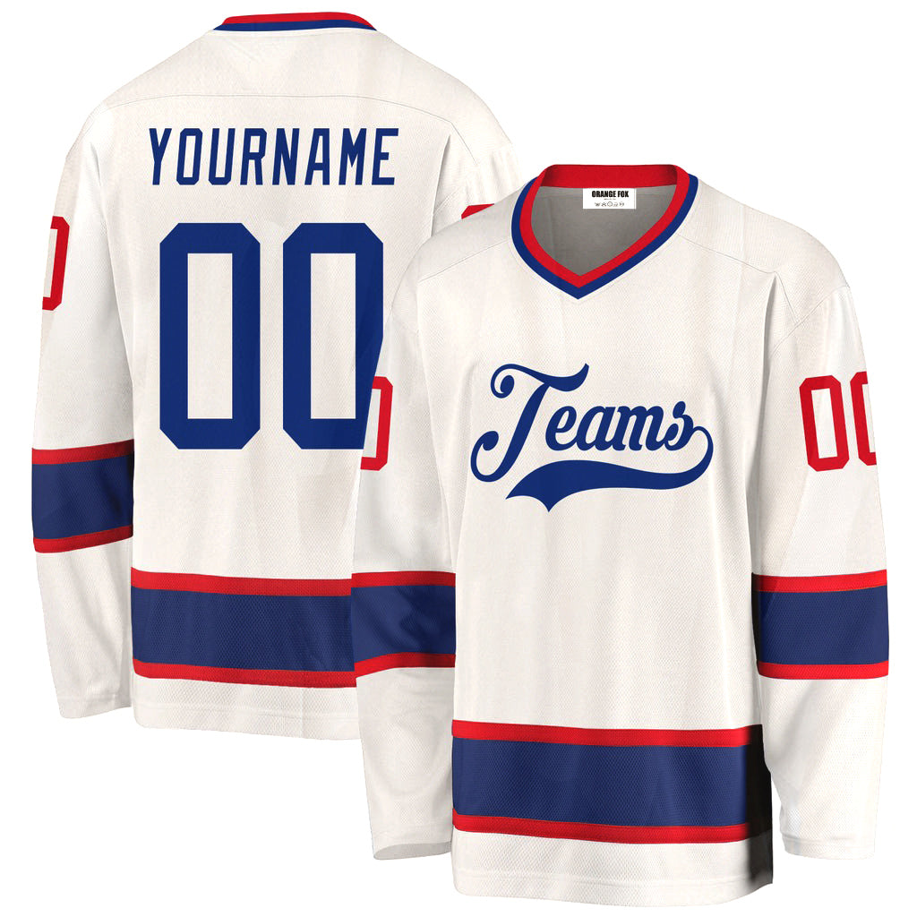 Custom White Blue Red V Neck Hockey Jersey For Men & Women