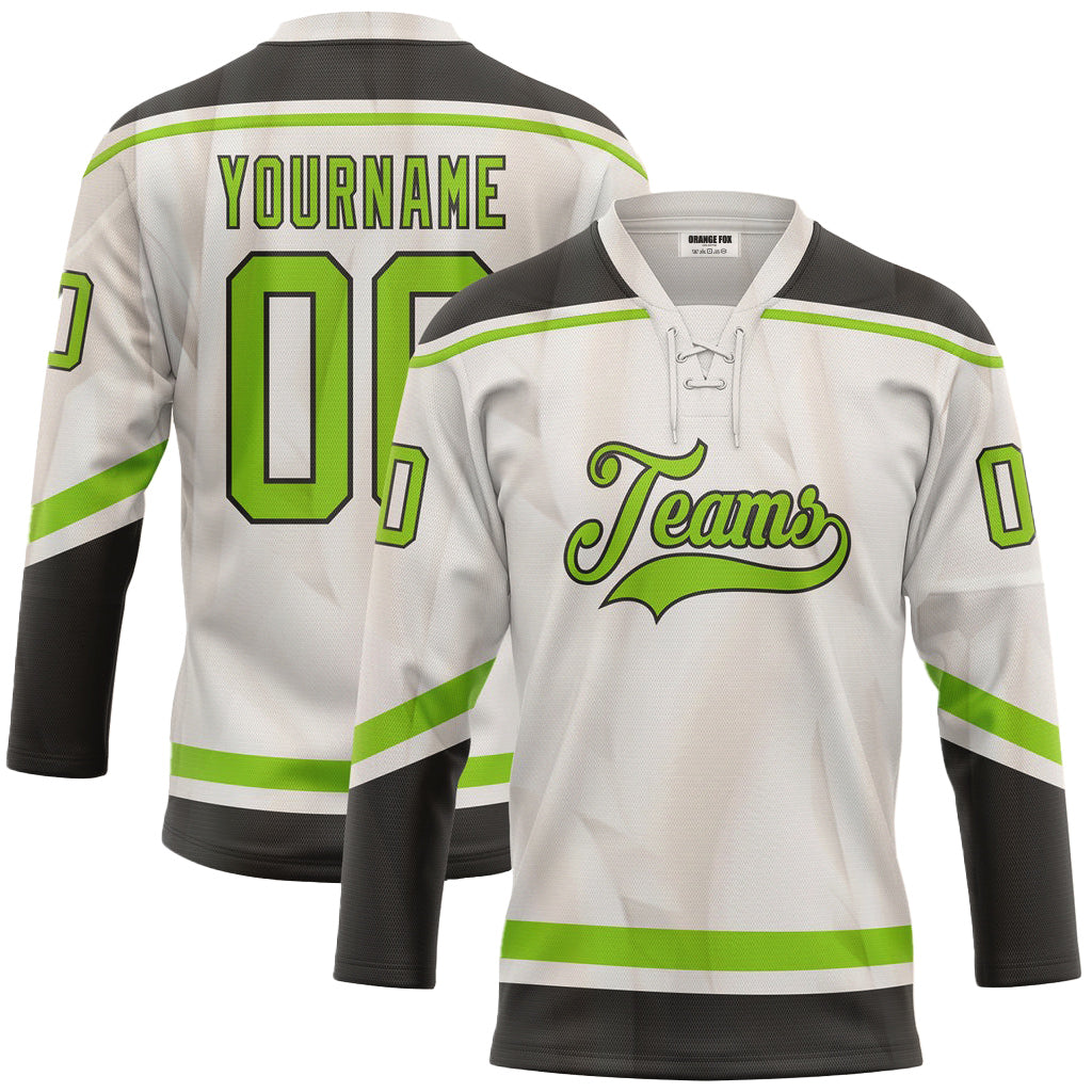 Custom White Green Black Neck Hockey Jersey For Men & Women