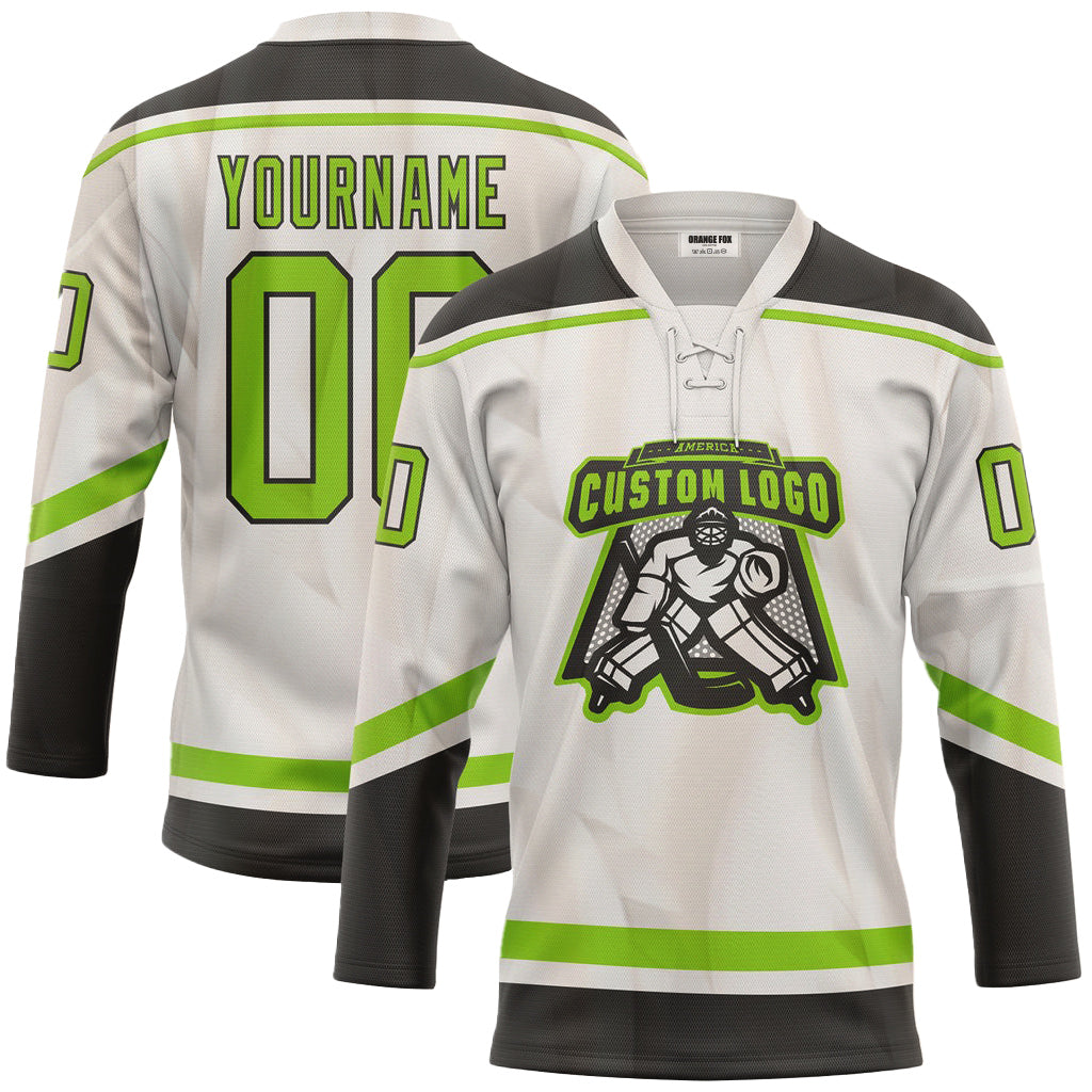 Custom White Green Black Neck Hockey Jersey For Men & Women