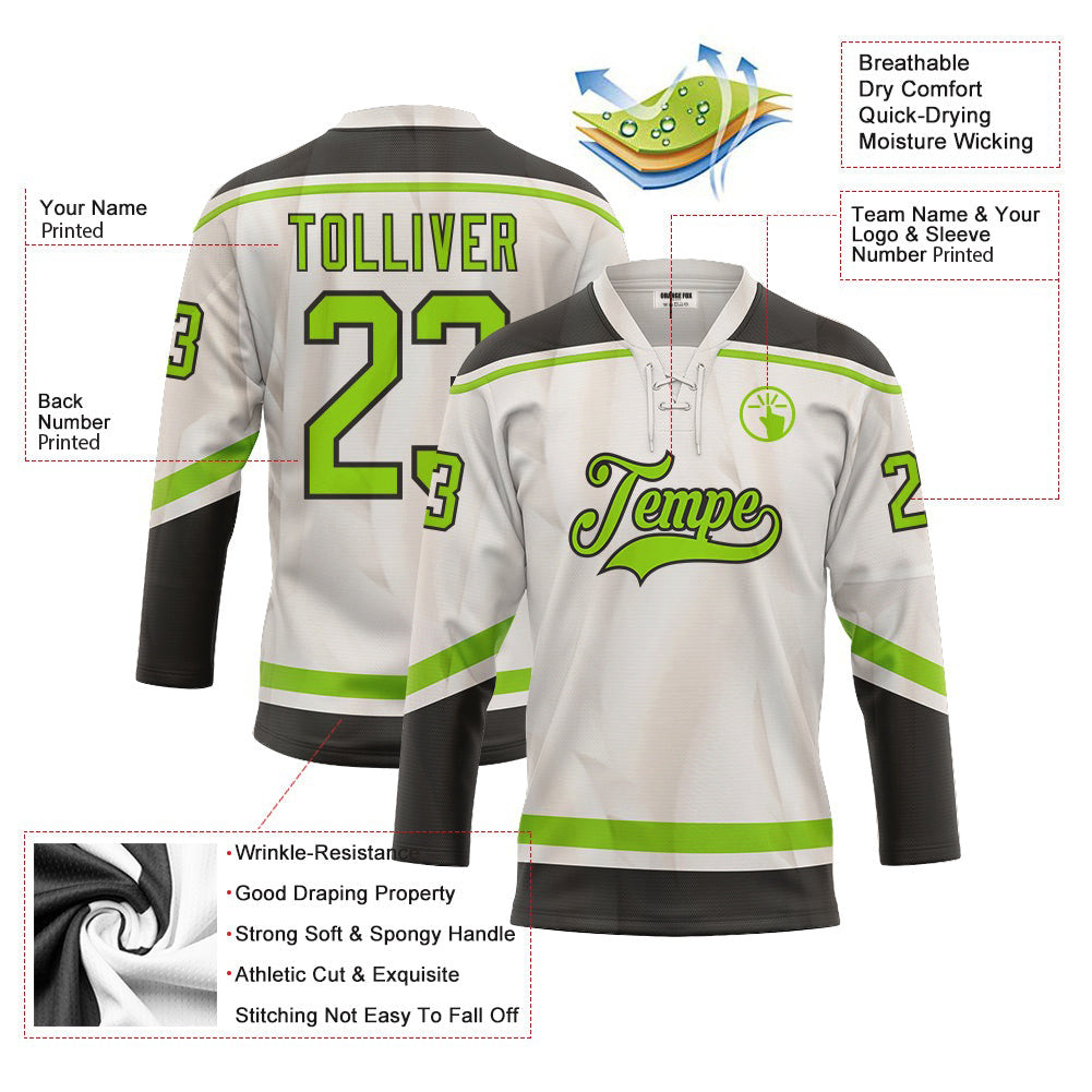 Custom White Green Black Neck Hockey Jersey For Men & Women