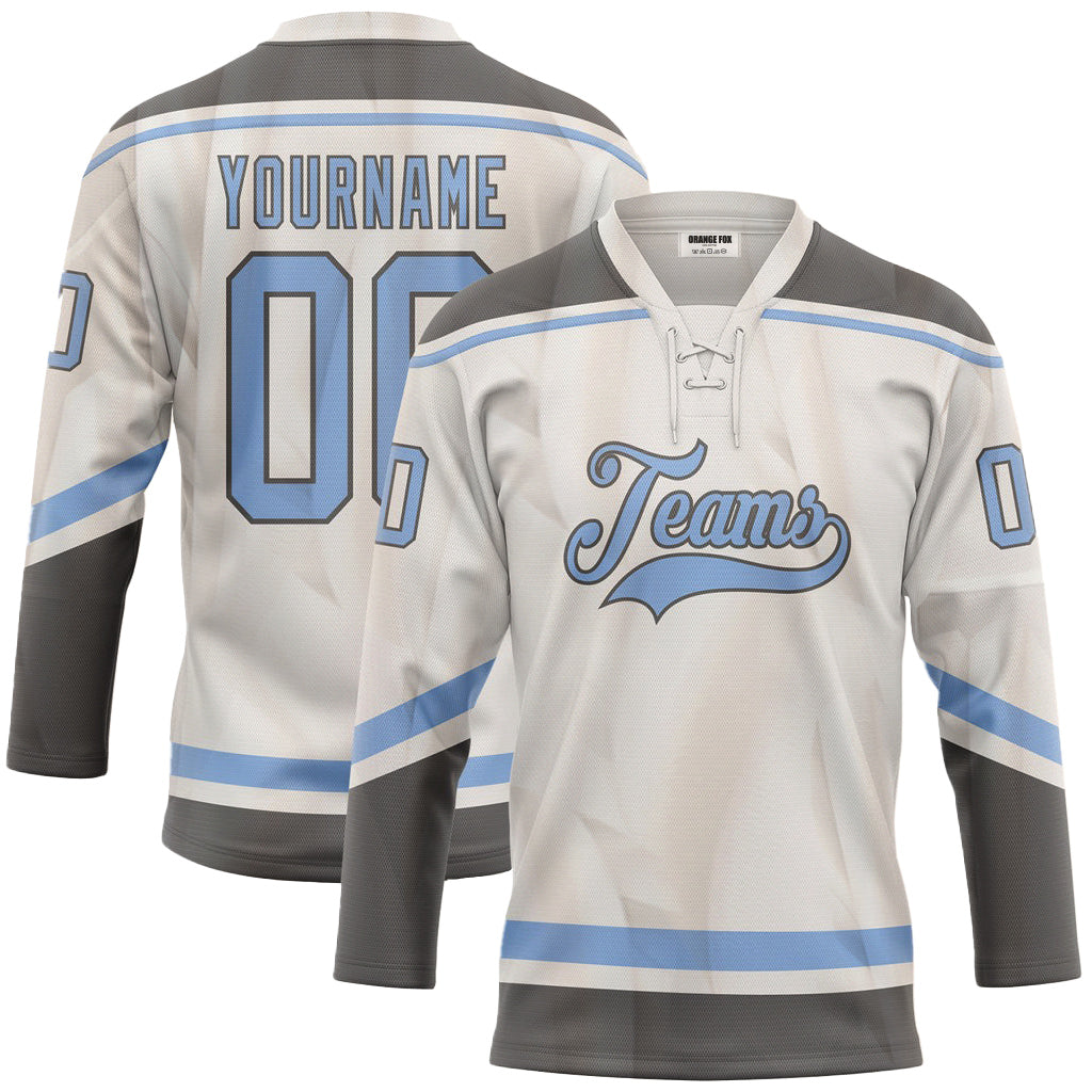 Custom White Grey Blue Neck Hockey Jersey For Men & Women