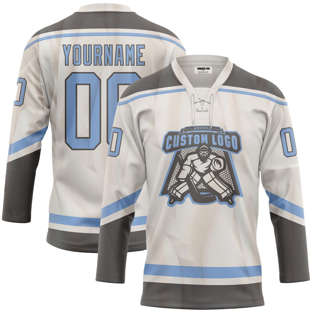 Custom White Grey Blue Neck Hockey Jersey For Men & Women