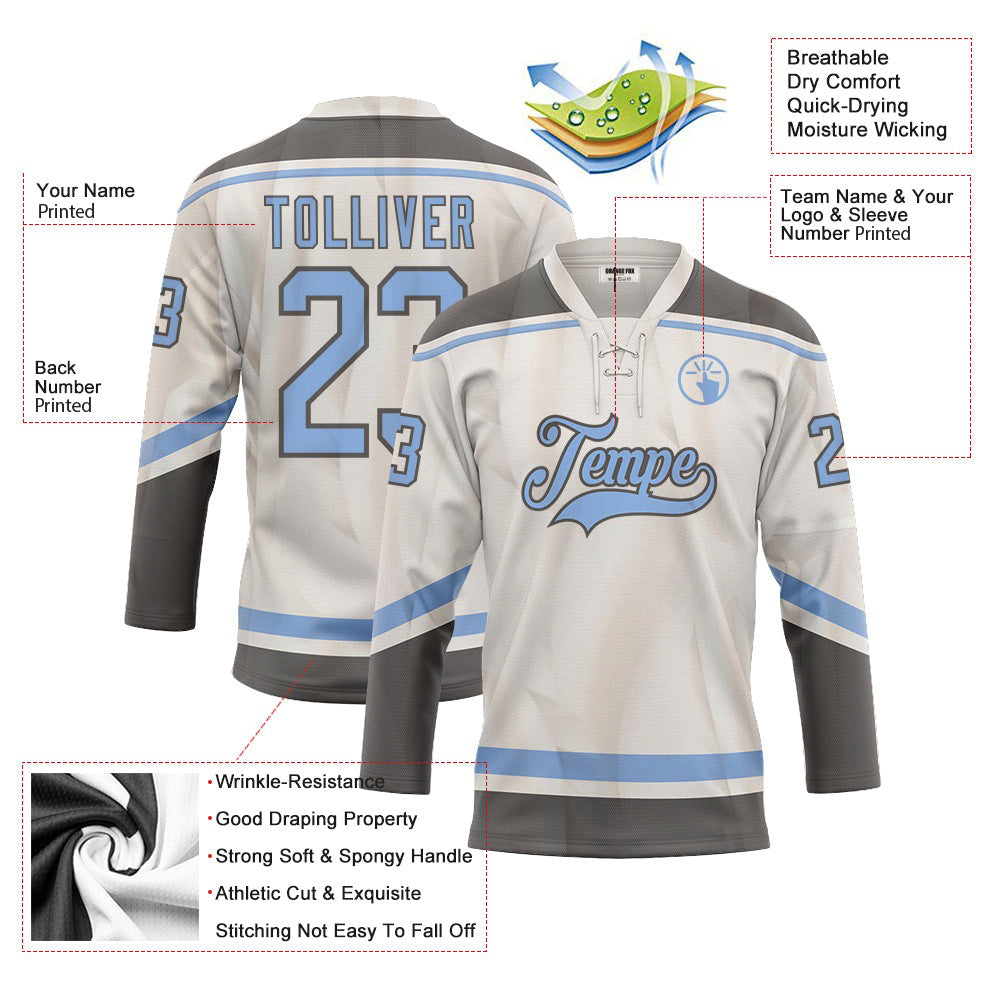 Custom White Grey Blue Neck Hockey Jersey For Men & Women