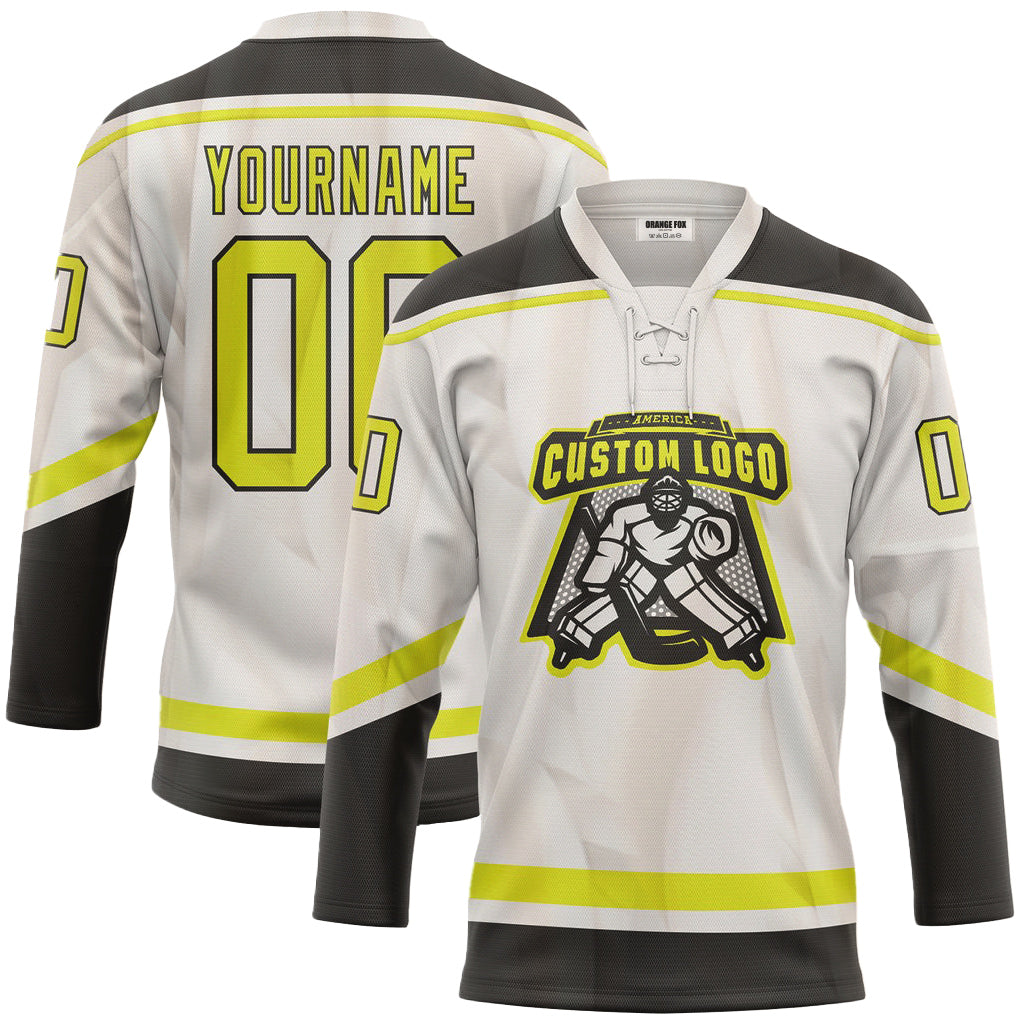 Custom White Neon Black Neck Hockey Jersey For Men & Women