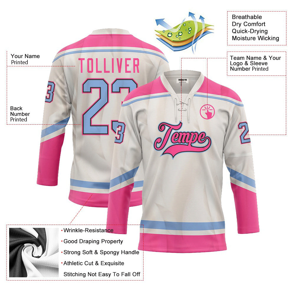 Custom White Pink Blue Neck Hockey Jersey For Men & Women