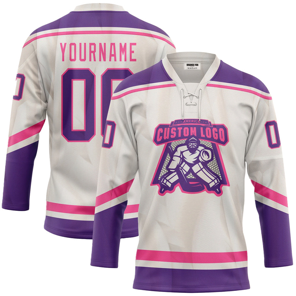 Custom White Pink Purple Neck Hockey Jersey For Men & Women