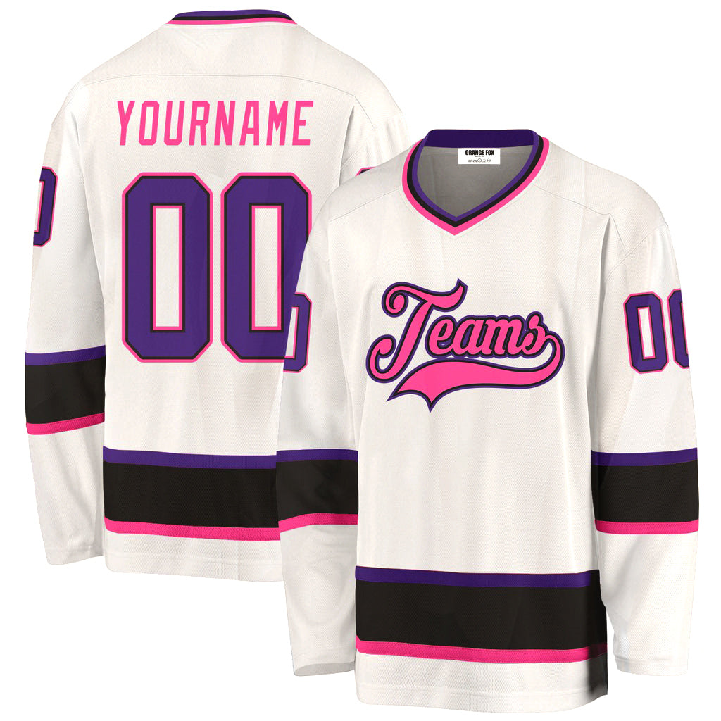 Custom White Purple Black V Neck Hockey Jersey For Men & Women