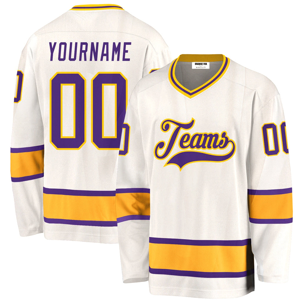 Custom White Purple Yellow V Neck Hockey Jersey For Men & Women