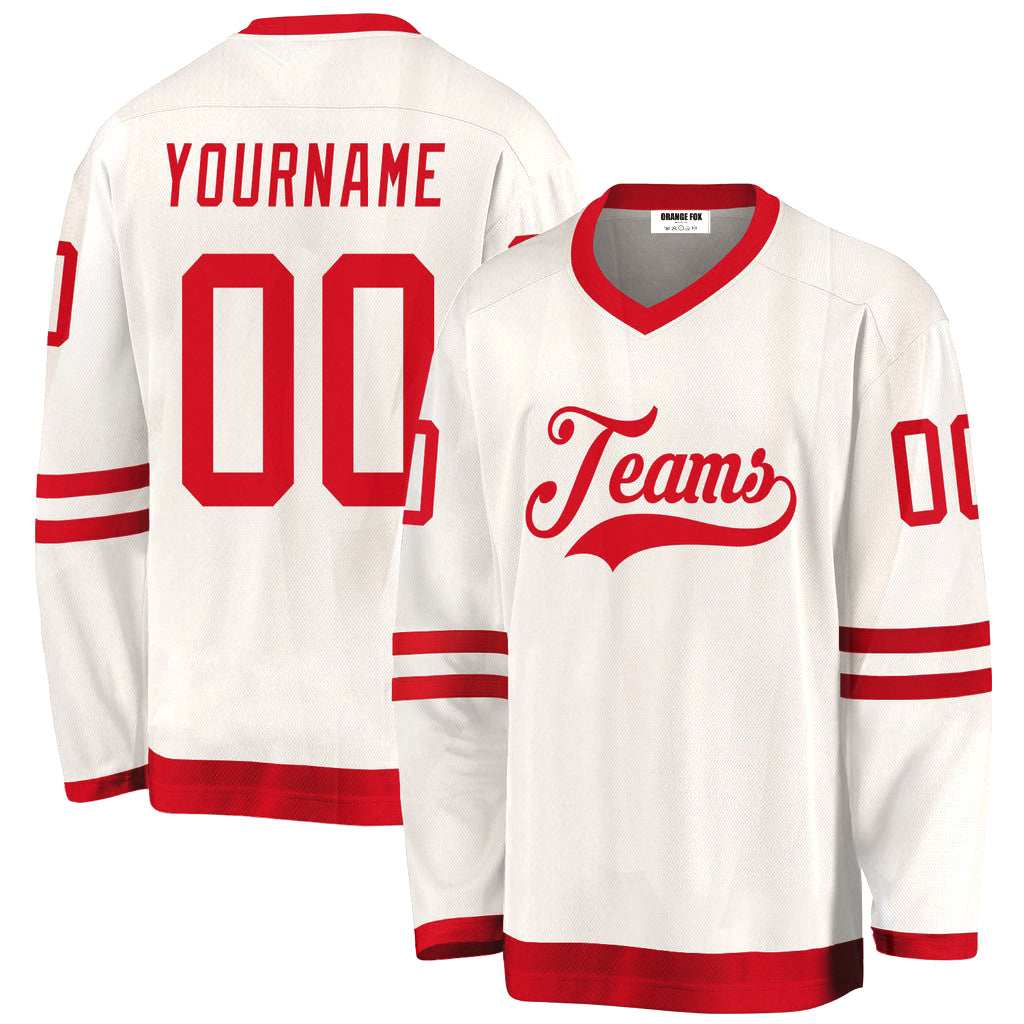 Custom White Red V Neck Hockey Jersey For Men & Women