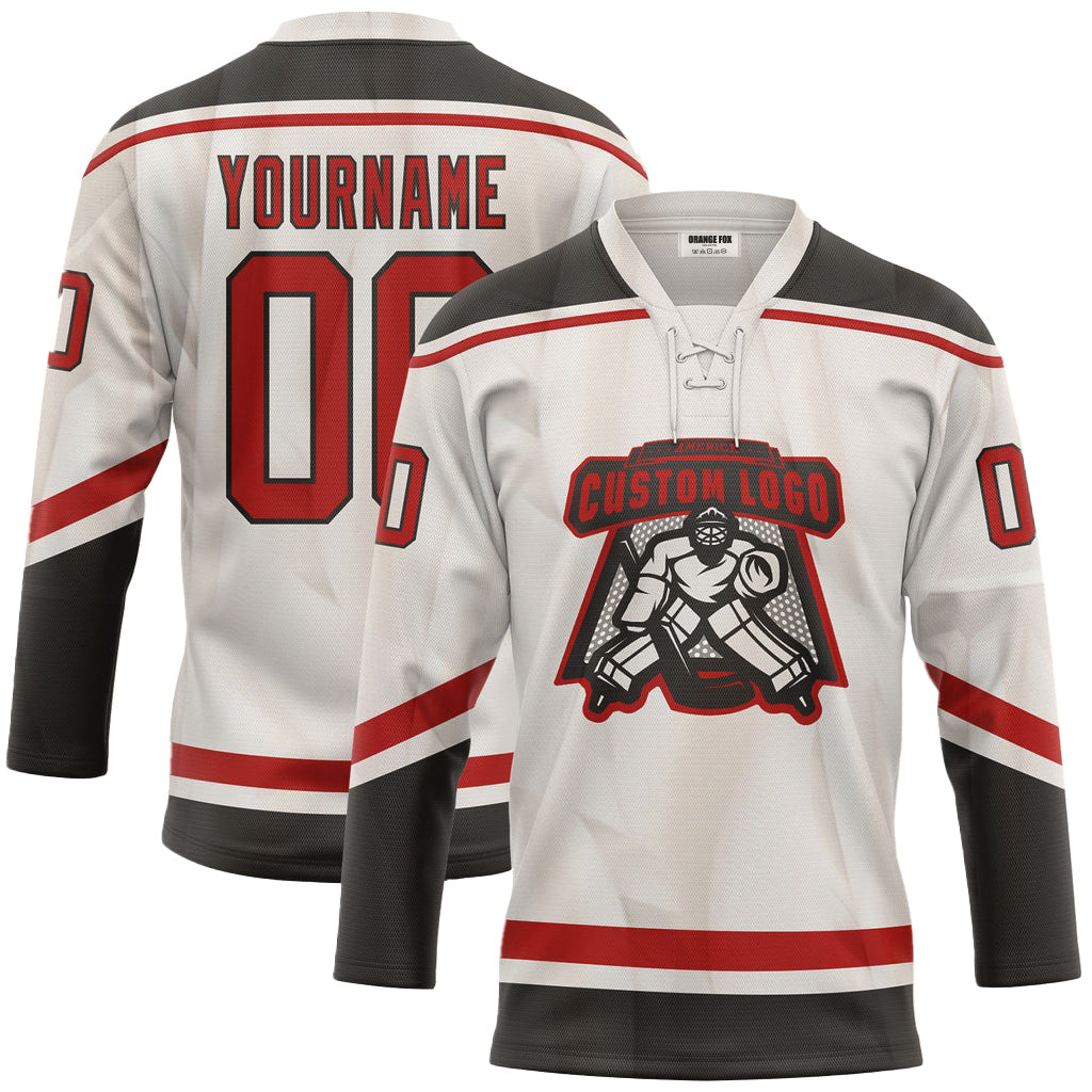 Custom White Red Black Neck Hockey Jersey For Men & Women