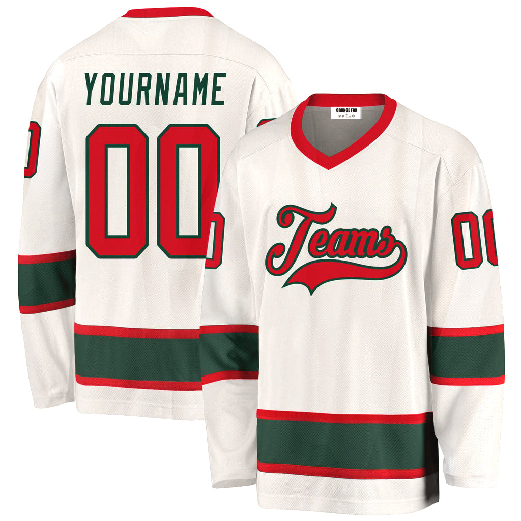 Custom White Red Green V Neck Hockey Jersey For Men & Women