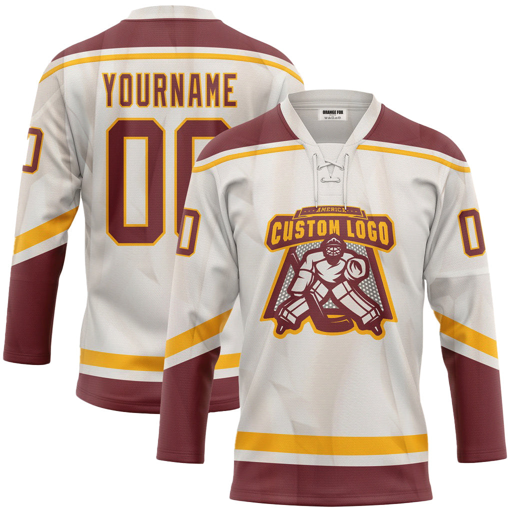 Custom White Red Yellow Neck Hockey Jersey For Men & Women