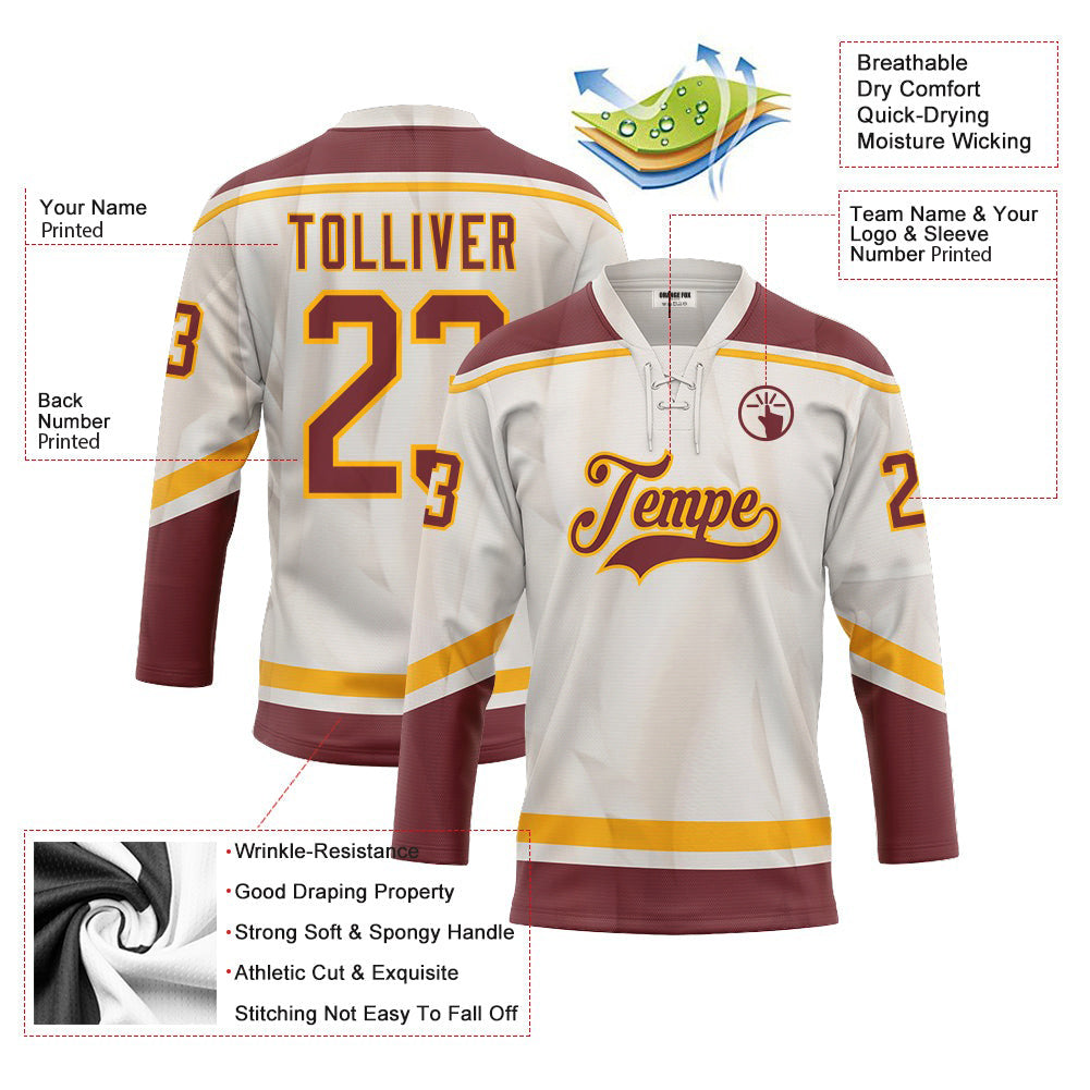 Custom White Red Yellow Neck Hockey Jersey For Men & Women