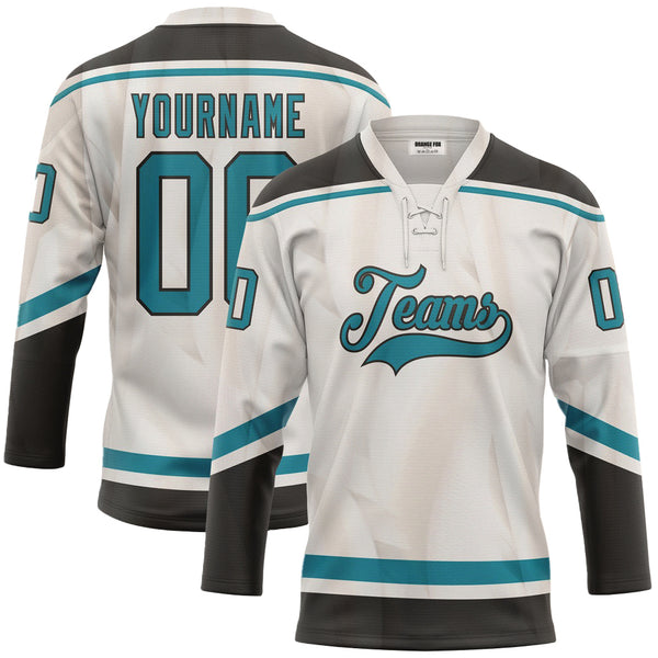 Custom White Teal Black Neck Hockey Jersey For Men & Women