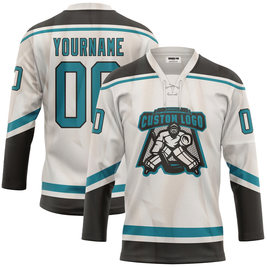 Custom White Teal Black Neck Hockey Jersey For Men & Women