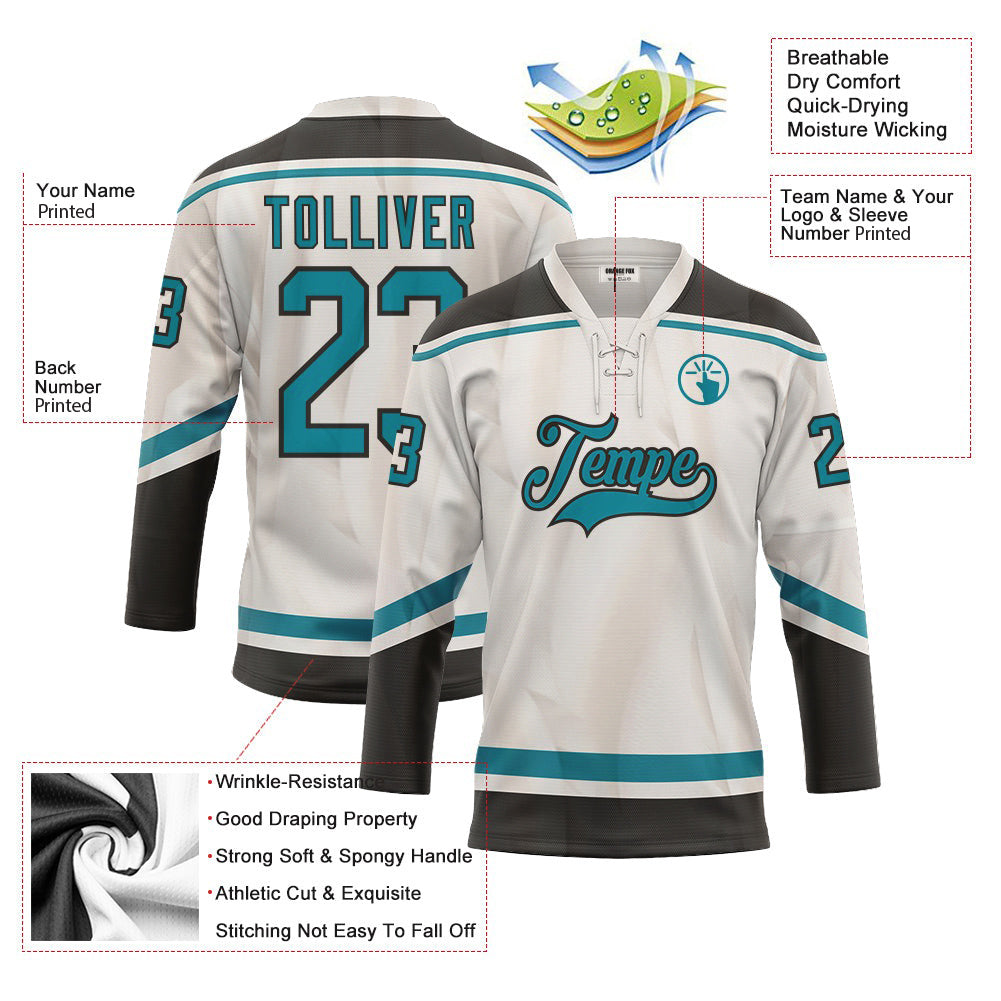 Custom White Teal Black Neck Hockey Jersey For Men & Women