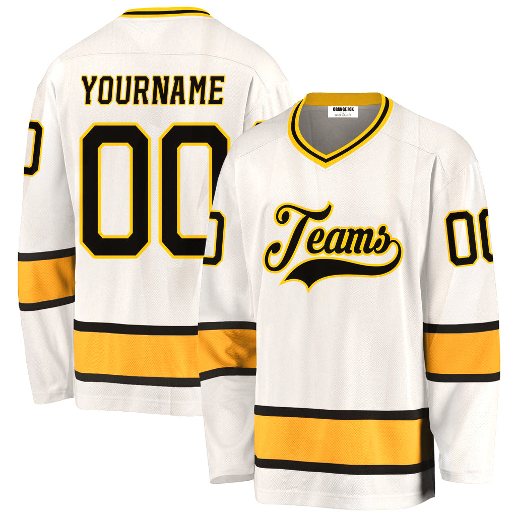 Custom White Yellow Black V Neck Hockey Jersey For Men & Women