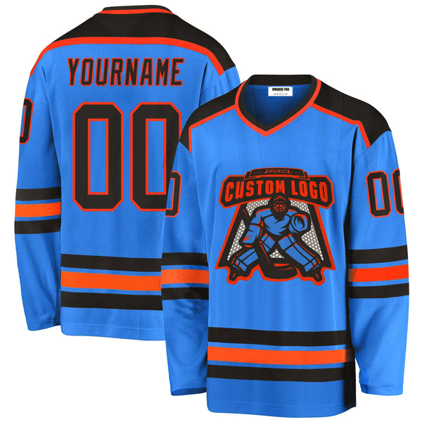 Custom logo Powder Blue Black-Orange V Neck Hockey Jersey For Men & Women