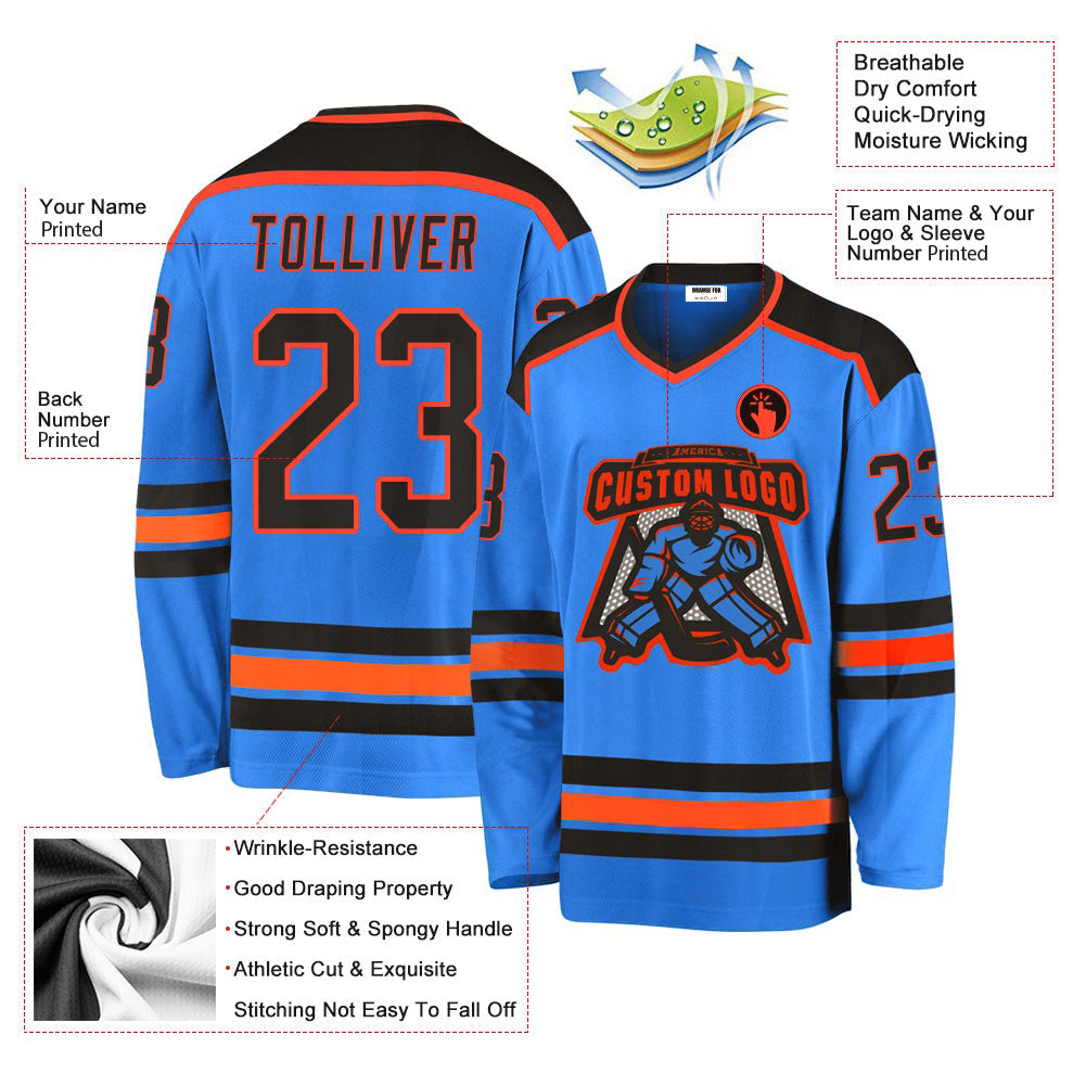 Custom logo Powder Blue Black-Orange V Neck Hockey Jersey For Men & Women