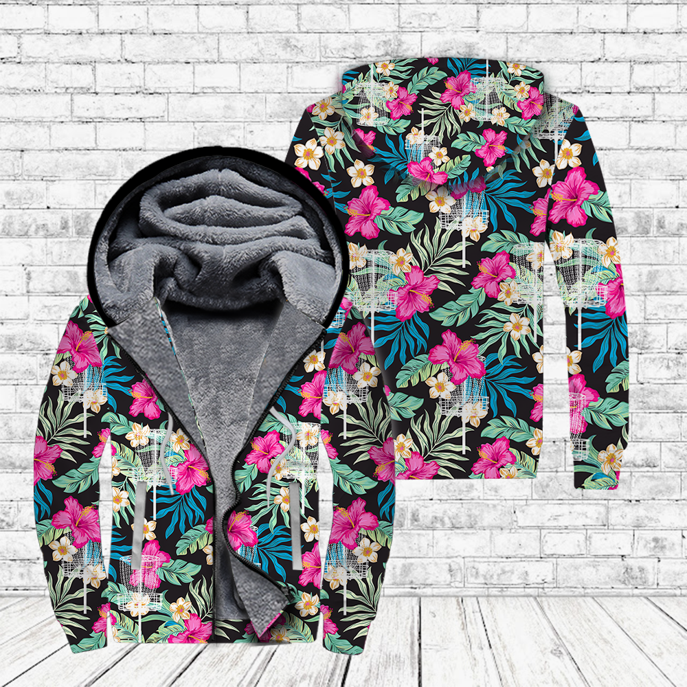 Disc Golf Hibiscus Fleece Zip Hoodie For Men & Women