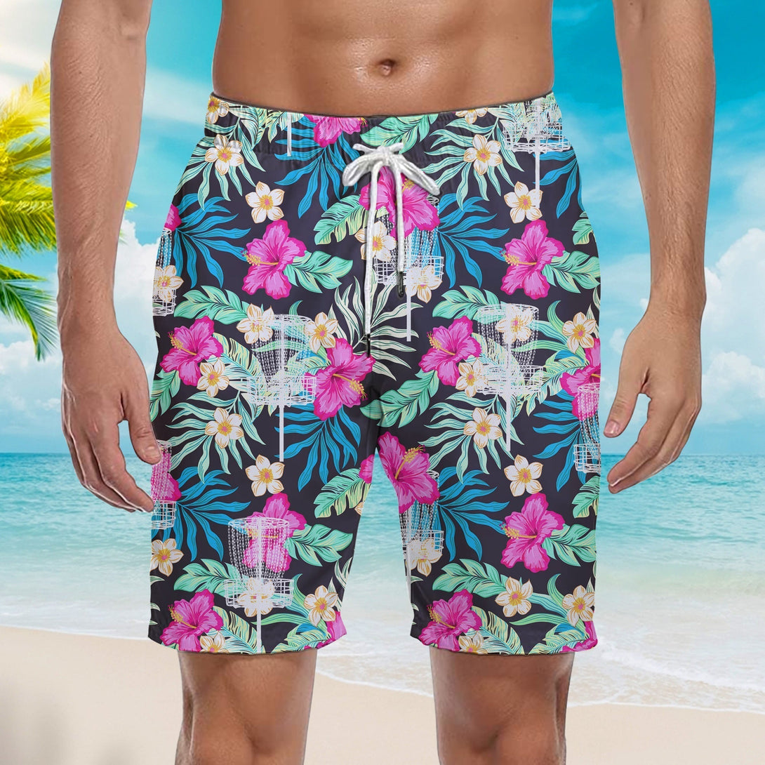 Disc Golf Sport Hibiscus Tropical Floral Beach Shorts For Men