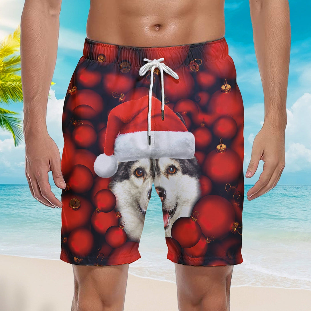 Dogs Siberian Husky Christmas Red Bauble Beach Shorts For Men