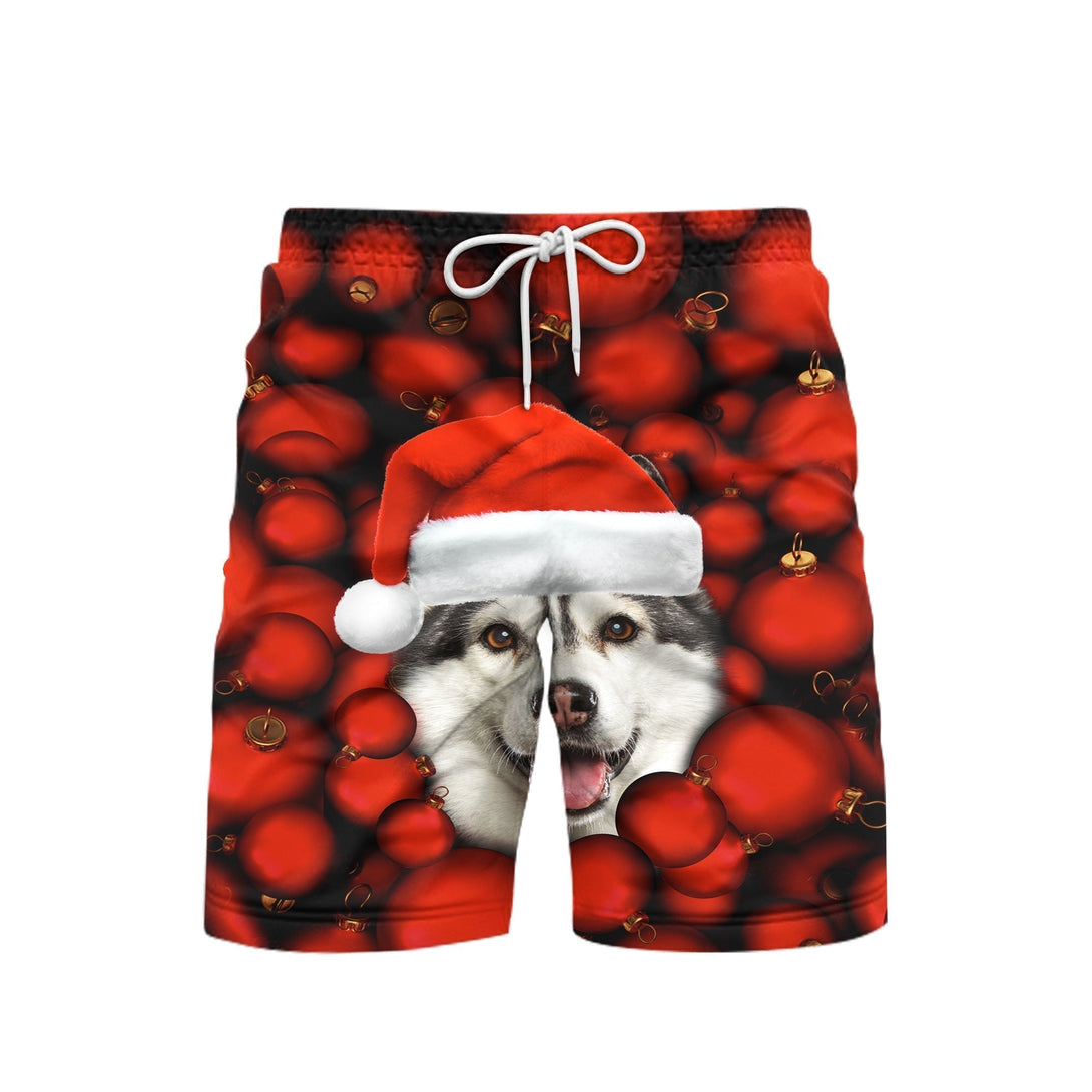 Dogs Siberian Husky Christmas Red Bauble Beach Shorts For Men