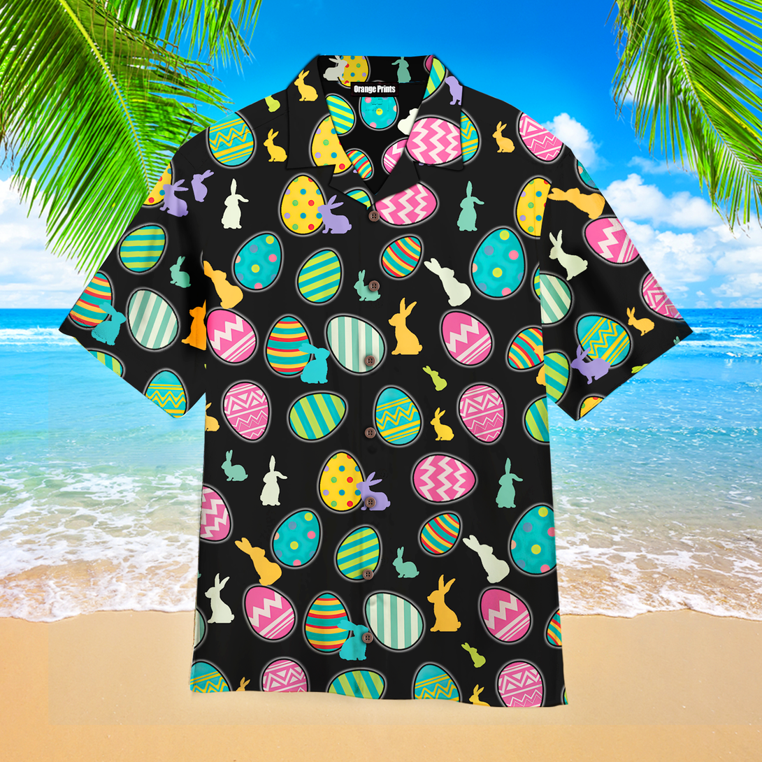 Easter Day Bunny Pattern Black Aloha Hawaiian Shirt For Men & Women