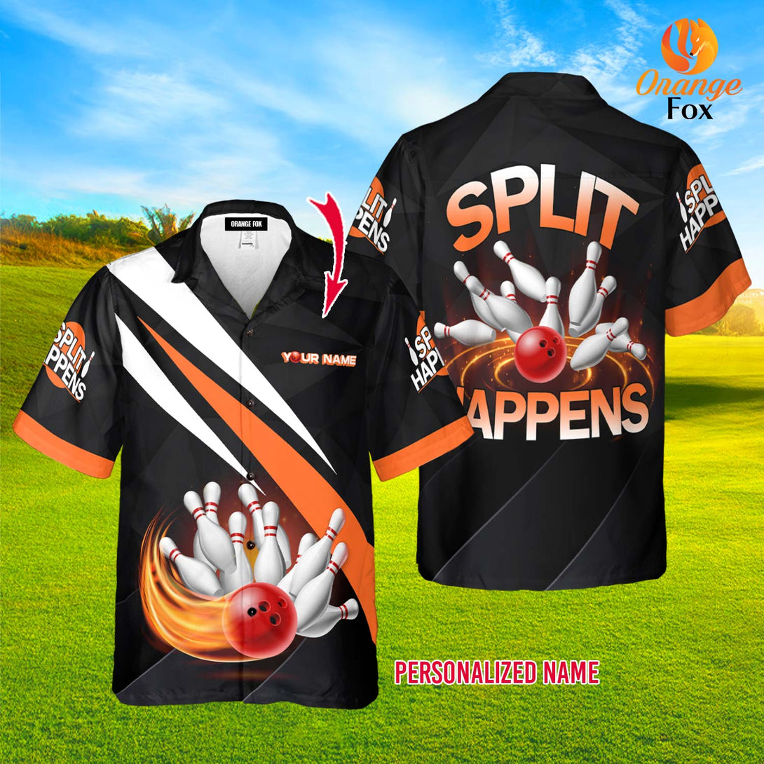 Bowling Split Happens Black Orange Custom Name Hawaiian Shirt For Men &amp; Women FHN1125