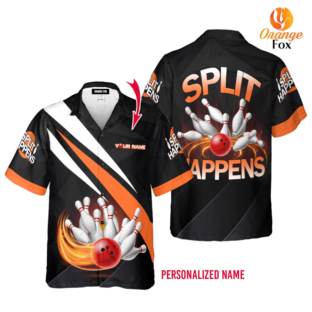 Bowling Split Happens Black Orange Custom Name Hawaiian Shirt For Men &amp; Women FHN1125