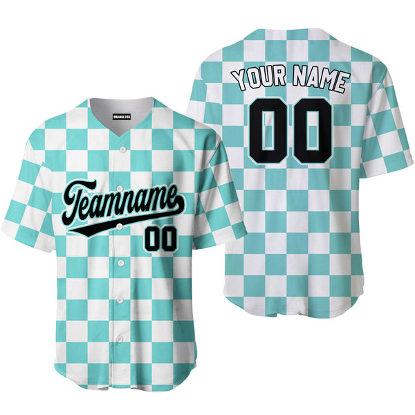 Custom Aqua White Square Grid Color Block Design Baseball Jersey