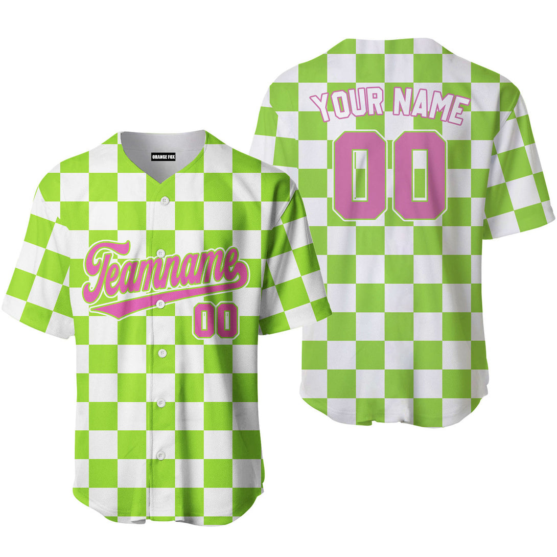 Custom Neon Green White Square Grid Color Block Design Baseball Jersey